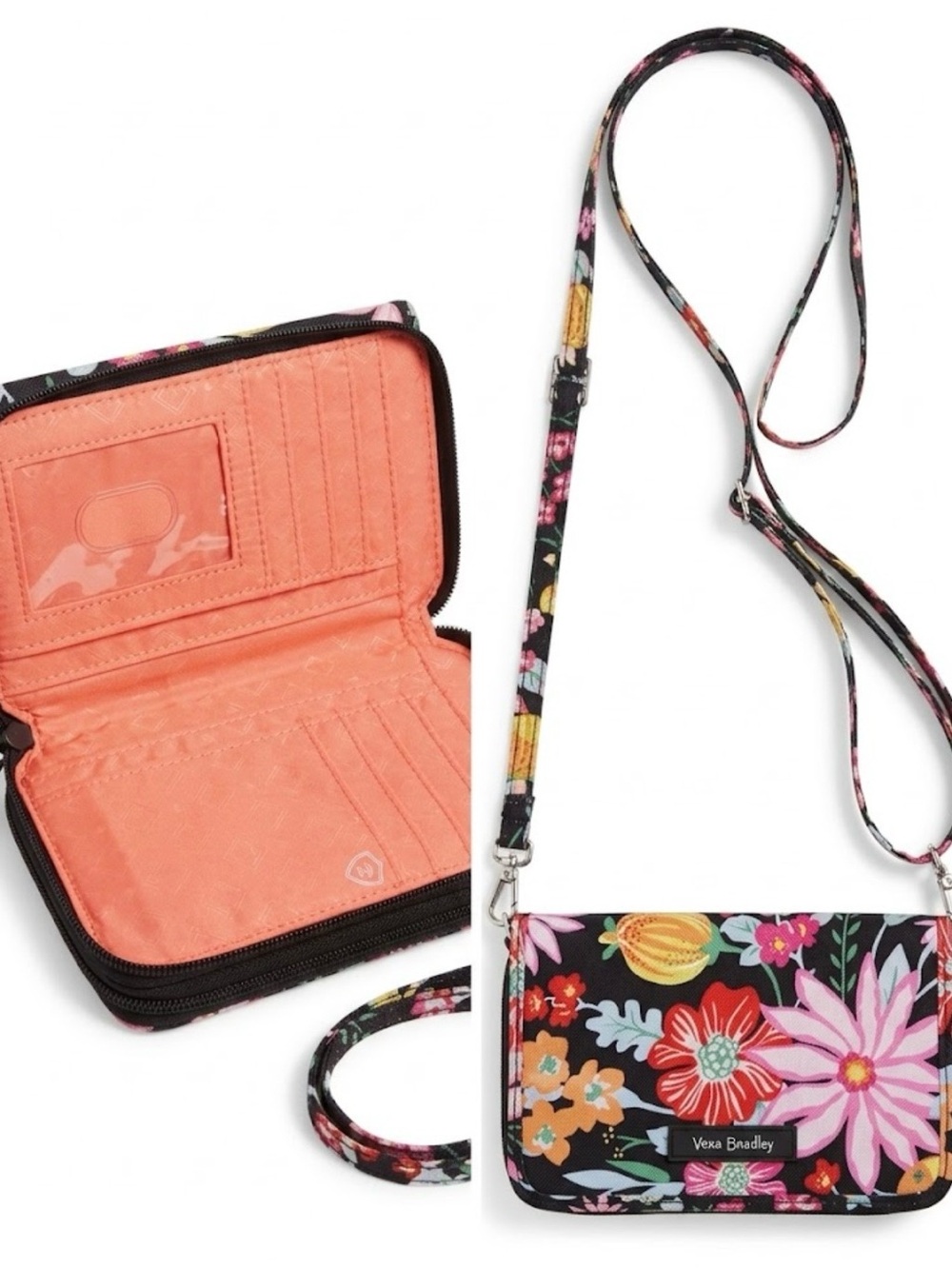 Vera Bradley Black Floral Crossbody Wallet with Coral Interior